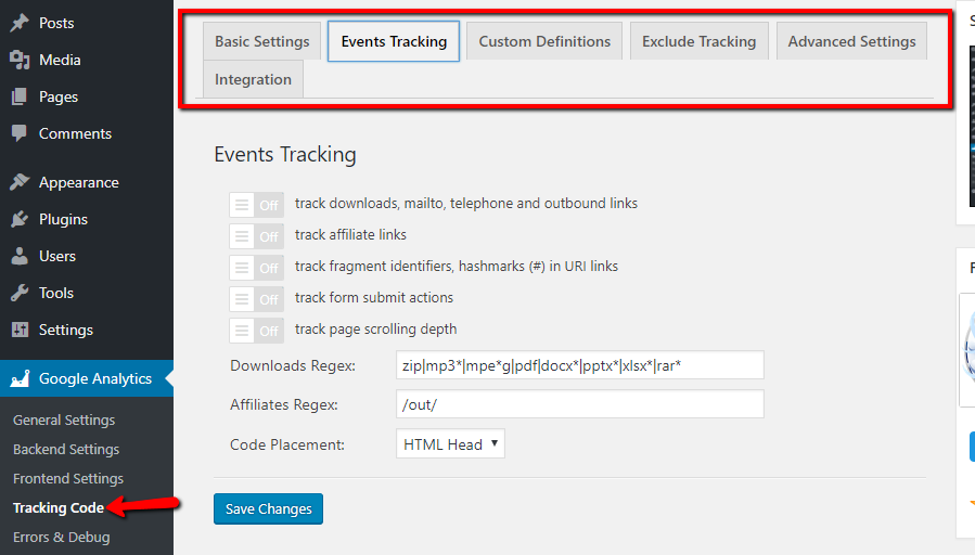 access advanced settings of google analytics dashboard for WP