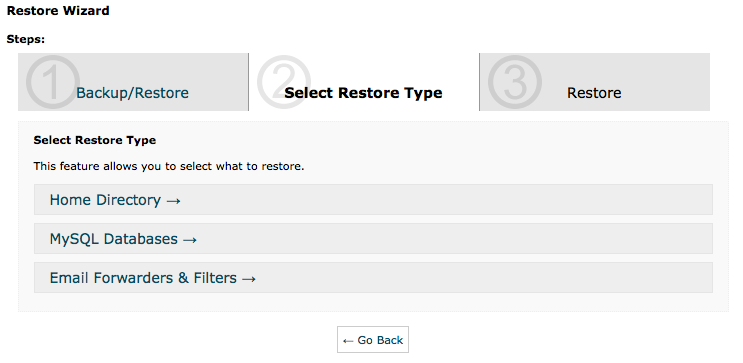 cPanel Backup Wizard - Restore Step 1