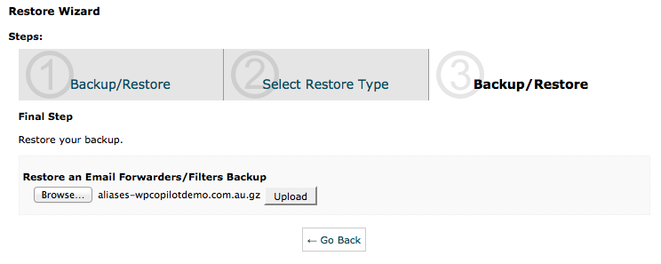cPanel Backup Wizard - Restore Step 3 - Mail Forwarders Restore
