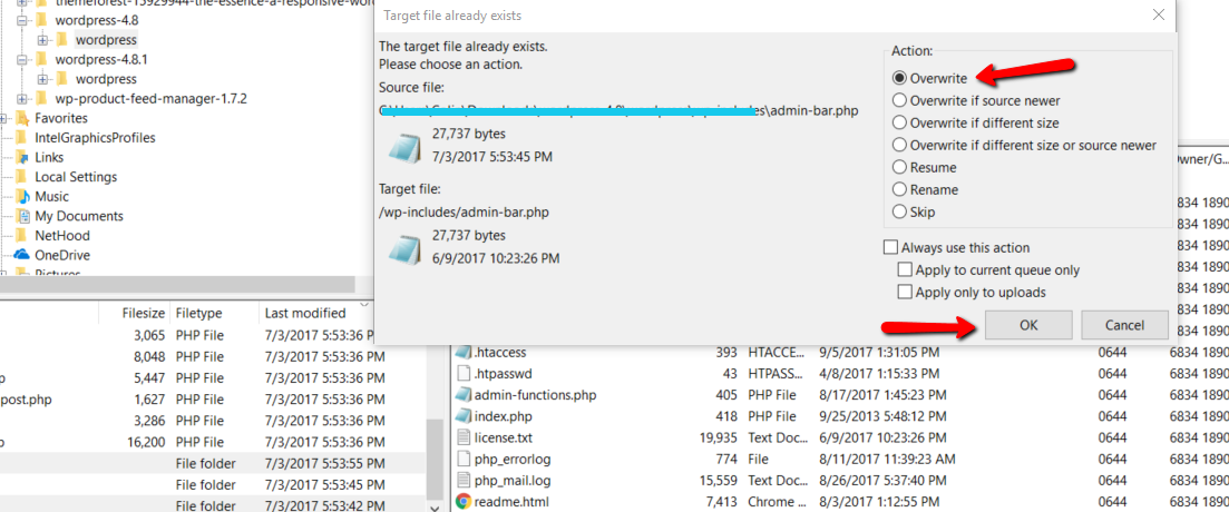 overwrite existing wp-admin and wp-includes folders